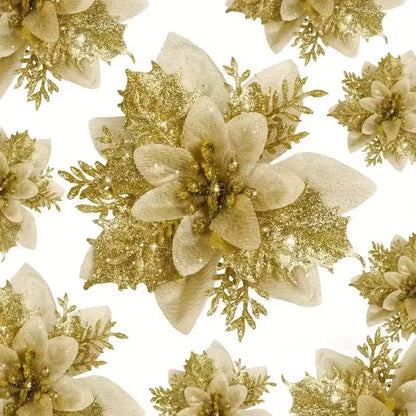 Golden Glitter Christmas Flower Clips Set